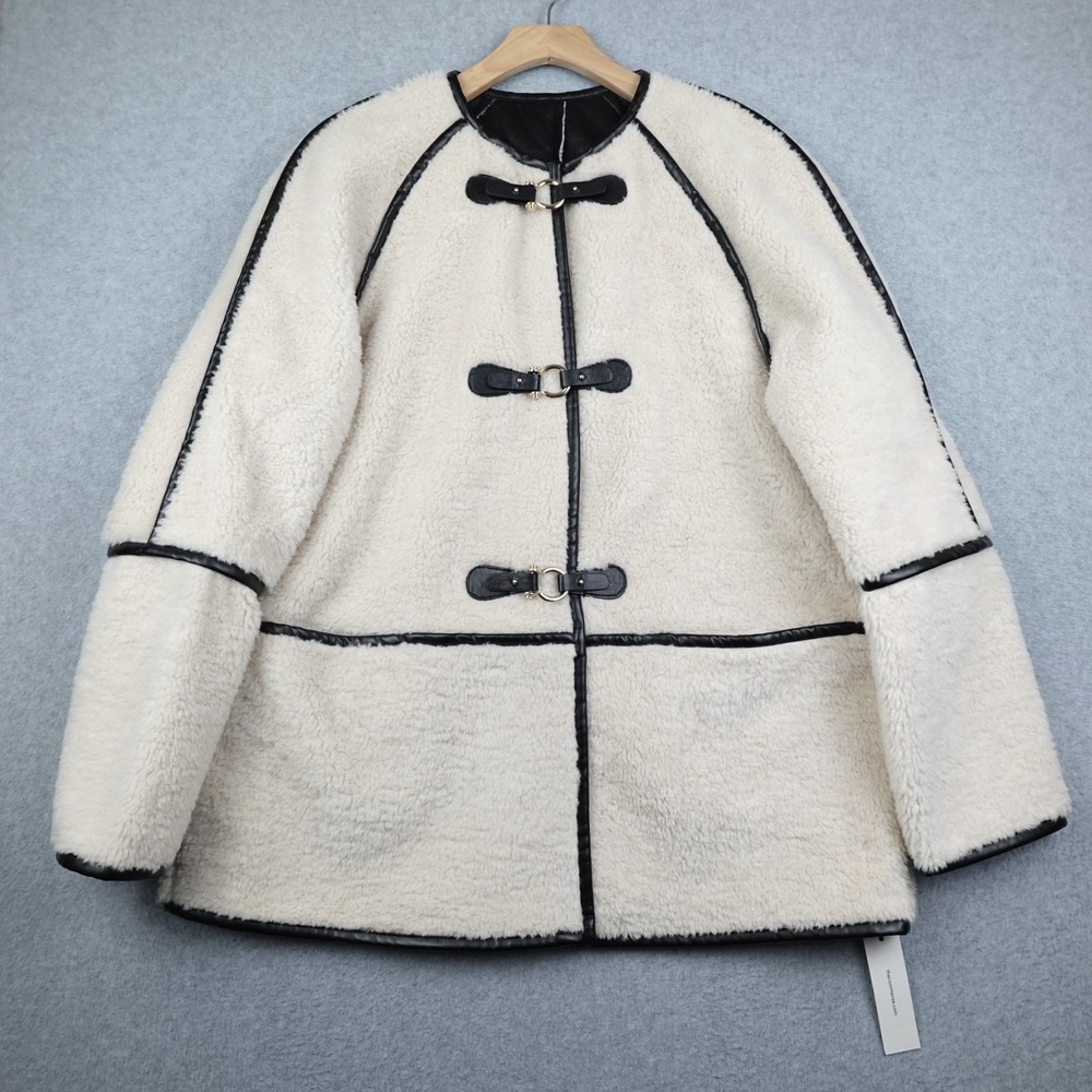 Commense Faux Fur Jacket Coat Womens XL Beige Toggle Buckled Fuzzy Fleece